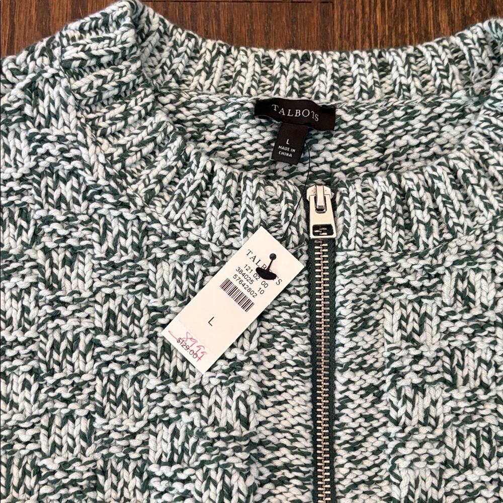 NWT Talbots Forest Green and White Knit Sweater Zipper Front Large - Picture 2 of 9